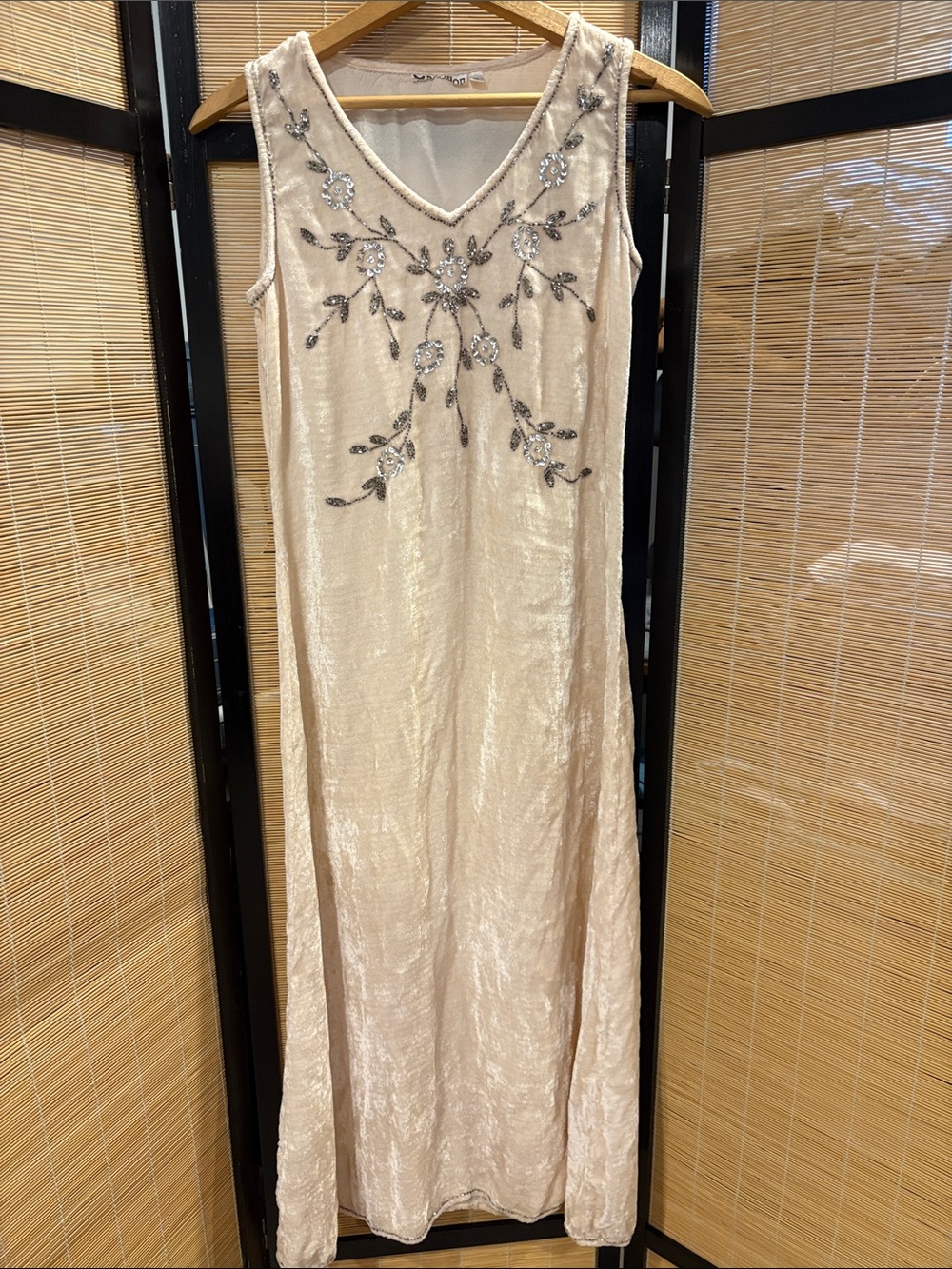 Vintage Ivory crushed velvet Beaded V-Neck Maxi Dress